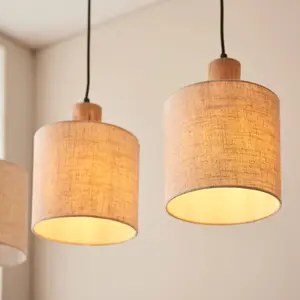 Luminosa Durban Bar Pendant Ceiling Lamp, Natural Eucalyptus Wood, Natural Linen, Matt Black