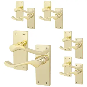 AFIT Polished Brass Victorian Scroll Door Handles - 5 Pairs of Brass Internal Lever Latch Handles on Backplate