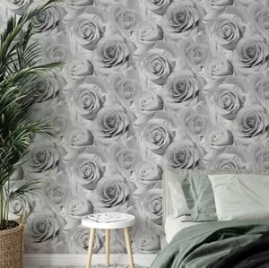 Muriva Bella Grey Flower Wall Rose Bloom 3D Effect Floral Designer Wallpaper