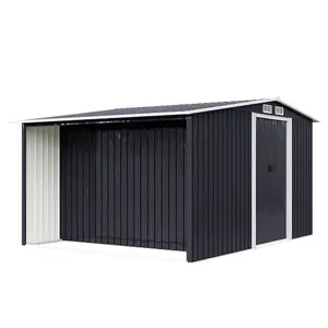 8.4 x 8.5 ft Metal Shed Garden Storage Shed Apex Roof Double Door with 8.5 x 2.1 ft Log Store,Black