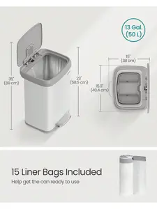 SONGMICS Kitchen Bin, 13 Gallon (50 L) Rubbish Bin, Metal Waste Pedal Bin With Lid, Tall And Large