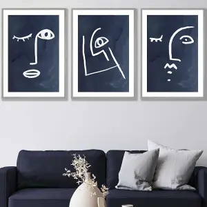 Set of 3 Navy and White Abstract Line Art Faces Wall Art Prints / 50x70cm / Light Grey Frame