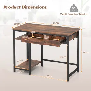 Costway Compact Computer Desk 100CM Industrial Home Office Desk with Drawer