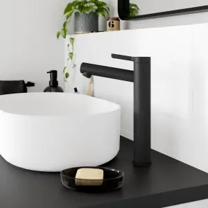 GoodHome Maza XL Matt Black Round Basin Mixer Tap