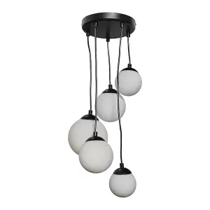 ValueLights Beauworth Modern 5 Way Hanging Matt Black and Glass Globe Shade Ceiling Pendant Light Fitting