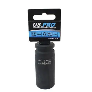 US PRO 24mm 1/2 dr 6 Point Deep Impact Socket 78mm Long 3516