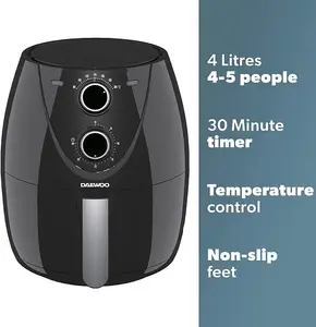 Daewoo Medium Compact 4 Litre Air Fryer Healthy Bake Roast Grill 80-200 Degrees & 30min Timer Adjust Serves 5