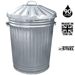 2x Large Galvanised Metal Bins with Dustbin Lids 90 Litre Bins Ideal for the Home, Kitchen Rubbish, Outdoor Bins, Animal Feed