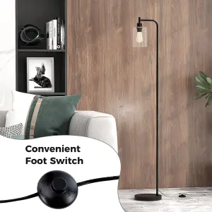 COSTWAY Industrial Floor Lamp Standing Lamp with Hanging Glass Lampshade & Foot Switch Black