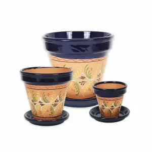 Inca Blue Hand Painted Set of 3 Classic Plant Pots & Drainage Plates (D) 16-29cm