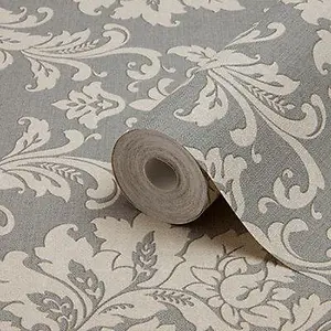 GoodHome Mire Grey Woven effect Damask Textured Wallpaper