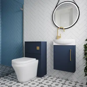 Power Cloakroom Bundle - Right Wall Hung Vanity Unit, Concealed Cistern WC Unit, Toilet & Tap, 440mm - Blue/Brass - Balterley