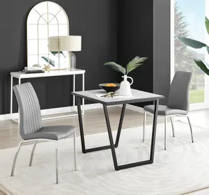 Furniturebox UK Carson White Marble Effect Square Dining Table & 2 Grey Isco Chairs