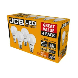 JCB LED A60 806lm Opal 10w Light Bulb B22 3000k White (Pack of 4)