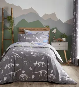 Charlotte Thomas Dino Grey Duvet Cover Set Reversible With Pillowcases Single