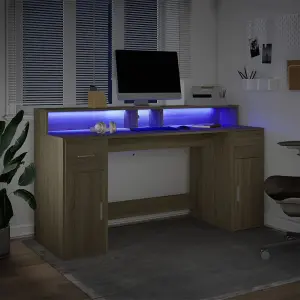 Berkfield Desk with LED Lights Sonoma Oak 160x55x91 cm Engineered Wood