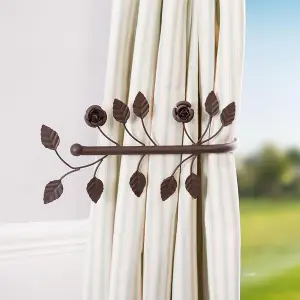 Set of 2 Brown Rose Cast Iron Curtain Hold Backs Vintage Style Floral Leaf Tie Backs Curtain Holder