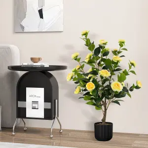 Costway Artificial Camellia Tree Faux Flower Plant Artificial Tree in Cement Pot Greenery Potted Plant Free Maintenance