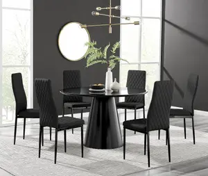 Furniturebox UK Palma Black Semi Gloss Round Pedestal Dining Table & 6 Black Faux Leather Corona Black Leg Chairs