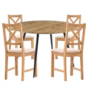 Hallowood Furniture Cullompton Large Oak Effect Round Dining Table with 4 Cross Back Oak Chairs, Beige Seats