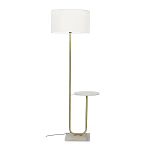 ValueLights Tavel Brushed Gold Floor Lamp with Table and White Shade