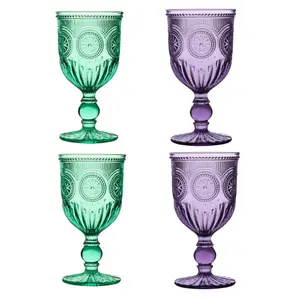 Set of 4 Vintage Luxury Embossed Purple & Turquoise Embossed Drinking Wine Glass Wine Goblets 290ml