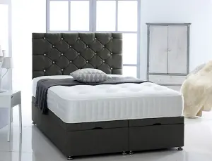 4FT6 Double Black Chenille Foot Lift Ottoman Bed With Headboard & Mattress