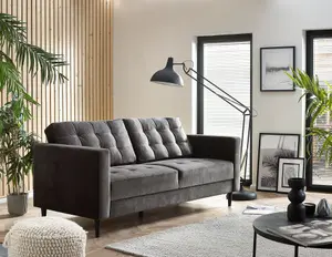 Furniturebox Jenna 3 Seater Dark Grey Velvet Sofa With Solid Wood Frame