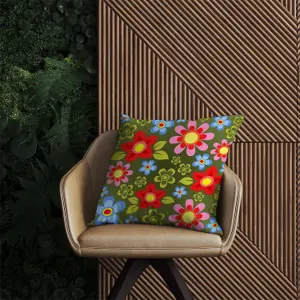 Red And Blue Flowers Outdoor Cushion 60cm x 60cm