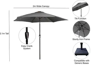 2m Grey Outdoor Crank and Tilt Garden Parasol