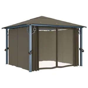 Berkfield Gazebo with Curtain&LED String Lights 3x3 m Taupe Aluminium