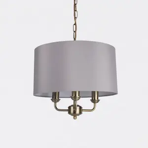 First Choice Lighting Pair of 3 Light Antique Brass Pendant Chandelier with Grey Fabric Shade