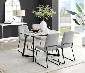 Furniturebox UK Carson White Marble Effect Dining Table & 4 Light Grey Halle Chairs