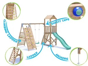 Dunster House Wooden Climbing Frame with Swing, Tall Climbing Wall & Slide BalconyFort Low Platform