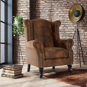 Faux Leather Suede Brown Britannia Wing Back Chair with Union Jack Flag