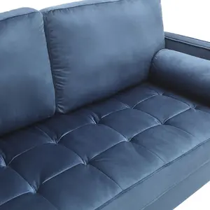 Blue Double Sofa 2-Seat Velvet Sofa with Bolster Pillows