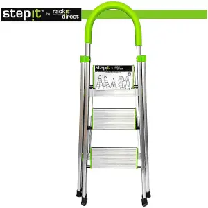 StepIt 3 Step Ladder Portable Folding Aluminium Deep Steps 3 Year Warranty Anti-Slip Soft Grip 150kg Capacity Small Ladder