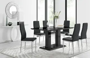 Imperia Black High Gloss 6 Seater Dining Table with Structural 2 Plinth Column Legs 6 Black Stitched Faux Leather Milan Chairs