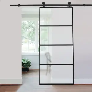 4 Lite Panel Modern Black Glass and Aluminum Sliding Barn Door Internal Door with 6ft Hardware Kit