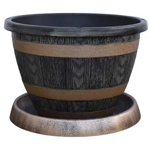 Wooden Barrel Effect Planter & Saucer x 10