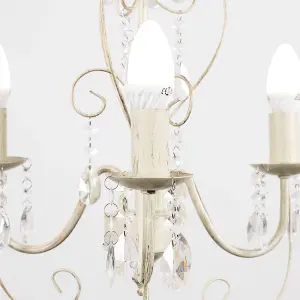 ValueLights Lille Cream Ornate Vintage Style 3 Way Ceiling Light Chandelier with Acrylic Jewels and 3x SES E14 Glass Candle Bulbs