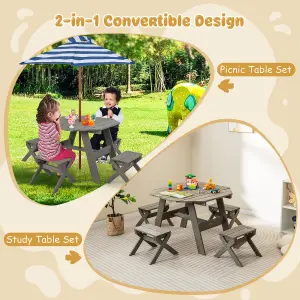 Costway Wooden Octagon Table Set Kids Picnic Table & 4 Chairs w/ Umbrella