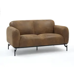 2 Seater Loveseat Small Sofa in Faux Leather Suede Brown Fabric