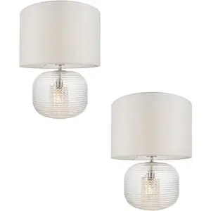 2 PACK Clear Ribbed Glass Twin Lit Table Lamp Light & Vintage White Fabric Shade