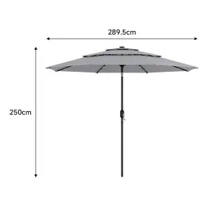 2.89M Light Grey Crank Tilt with Solar LED Light Outdoor Swing Umbrella Parasol without Base