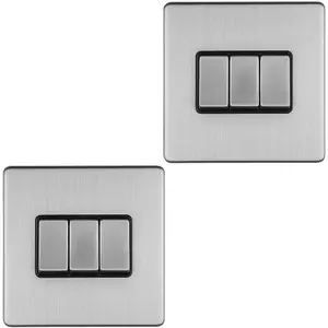 2 PACK 3 Gang Triple Light Switch SCREWLESS SATIN STEEL 2 Way 10A Slim Rocker