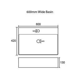 Premium Rectangular Countertop Basin 600mm - White