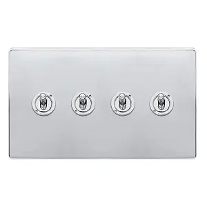 Polished Chrome Screwless Plate 4 Gang 2 Way 10AX Toggle Light Switch - SE Home