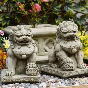 Pair of Foo Dog Stone Statues Oriental Lion Outdoor Garden Ornament Buddha Sculpture