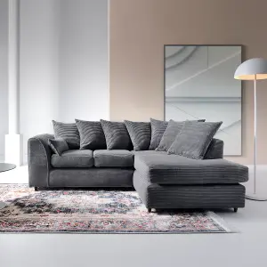 Jumbo Grey Cord Right Facing Corner Sofa for Living Room with Thick Luxury Deep Filled Cushioning